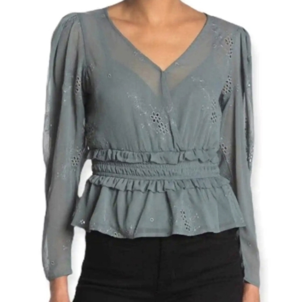ASTR Sheer Floral Eyelet Fabric Blouse Elastic Waist Long Sleeve Peplum Green L